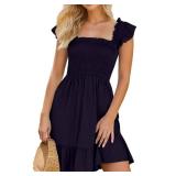 Ammiko 2025 Sundresses for Women Casual Smocked Dress Sleeveless Ruffle Square Neck Backless Teen Boho Short Dresses Navy S