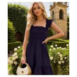 Ammiko 2025 Sundresses for Women Casual Smocked Dress Sleeveless Ruffle Square Neck Backless Teen Boho Short Dresses Navy S