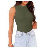 WAYMAKER High Neck Bodysuits for Women Slim Basic Sleeveless Tank Top Body Suit, Grey-Green, Large
