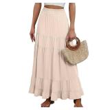 ANRABESS Womens Maxi Skirt Elastic High Waist Swing Tiered A-line Flowy Pleated Boho Beach Vacation Long Skirts Beige X-Large