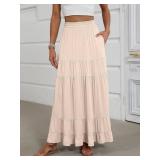 ANRABESS Womens Maxi Skirt Elastic High Waist Swing Tiered A-line Flowy Pleated Boho Beach Vacation Long Skirts Beige X-Large