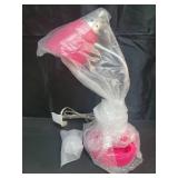 Simple Designs LD1015-PNK-LB 19.5\" Flossy Organizer Desk Lamp with Charging Outlet Lazy Susan Base and LED Bulb, Pink