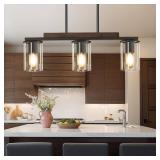 Mecgirn Farmhouse Dining Room Light Fixtures Over Table, Black Pendant Lights for Kitchen Island, 3 Light Linear Chandelier Lighting with Wood Retail- $105