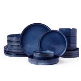Famiware Star Dinnerware Set with Pasta Bowls, Service for 4 (16pcs), Ribbed Stoneware Plates and Double Bowls Dishes Sets - Chip & Scratch Resistant, Microwave & Dishwasher Safe, Nebulas Blue