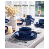 Famiware Star Dinnerware Set with Pasta Bowls, Service for 4 (16pcs), Ribbed Stoneware Plates and Double Bowls Dishes Sets - Chip & Scratch Resistant, Microwave & Dishwasher Safe, Nebulas Blue