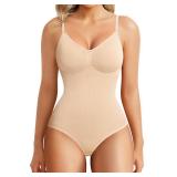 BRABIC Bodysuit Shapewear for Women Tummy Control Panties Seamless Sleeveless Tops V-Neck Camisole Jumpsuit (Beige Brief, Medium/Large)