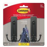 Command Large Matte Black Double Hooks, 2 Hooks and 2 Strips, Damage Free Hanging Wall Hooks with Adhesive Strips, No Tools Coat Hooks for Hanging Home Decor, Holds up to 4 lb