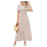 Maggeer 2025 Womens Summer Spring Short Sleeve Maxi Dress Casual Smocked Boho Baby Shower Beach Wedding Guest Floral Long Dresses for Women Red Flower L