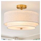3-Light Semi Flush Mount Ceiling Light,16\" Close to Ceiling Light Fixtures with Farmhouse Fabric Linen Shade, Double Drum Gold Flush Mount Ceiling Light for Bedroom Living Room Kitchen Dining Room Re