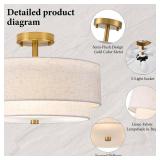 3-Light Semi Flush Mount Ceiling Light,16\" Close to Ceiling Light Fixtures with Farmhouse Fabric Linen Shade, Double Drum Gold Flush Mount Ceiling Light for Bedroom Living Room Kitchen Dining Room Re