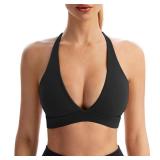 INIBUD Sports Bra for Women Push Up Strappy Workout Top Padded Deep V-Neck Triangle Bralettes with Support Gym(XL,Black)