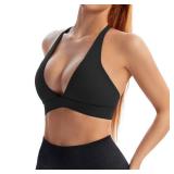 INIBUD Sports Bra for Women Push Up Strappy Workout Top Padded Deep V-Neck Triangle Bralettes with Support Gym(XL,Black)