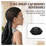 2 In1 Wrap Cap Bonnet Reversible Adjustable Tie Band, Silk Bonnet Hair Wrap Cap for Silk Press, New Satinbonnet for Sleeping, Double Layered Nettie Band for Curly (Black)
