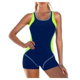 Zando Modest One Piece Swimsuit for Women 2026 Boyleg Athletic Bathing Suit with Rash Guard, Raceback Bathing Suits for Water Aerobics Full Coverag Swimwear Black and Neon Yellow Splicing, Size 2-4