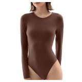 PUMIEY Long Sleeve Bodysuit For Women Brown Body Suits Women Tiramisu Medium