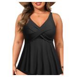 Plus Size Tankini Top Only - Flowy Bathing Suits Top Plus Size Swim Top 2025 Modest Swimsuits Top Black 28W