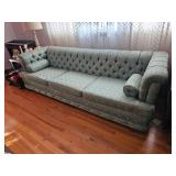 MCM wonderful condition Tufted Damask Sofa Set in Duck Egg Blue with matching swivel tufted chair