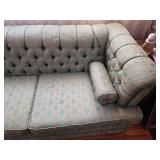 MCM wonderful condition Tufted Damask Sofa Set in Duck Egg Blue with matching swivel tufted chair