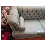 MCM wonderful condition Tufted Damask Sofa Set in Duck Egg Blue with matching swivel tufted chair
