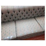 MCM wonderful condition Tufted Damask Sofa Set in Duck Egg Blue with matching swivel tufted chair