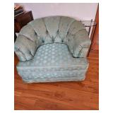 MCM wonderful condition Tufted Damask Sofa Set in Duck Egg Blue with matching swivel tufted chair