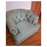 MCM wonderful condition Tufted Damask Sofa Set in Duck Egg Blue with matching swivel tufted chair