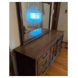 MCM Bedroom Suite Traditional Wood 5-Drawer Dresser with Bronze Handles, 9 drawer Long Dresser with Mirror, Full sized bed with headboard and footboard. Set includes mattress and box spring. Beautiful