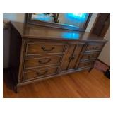 MCM Bedroom Suite Traditional Wood 5-Drawer Dresser with Bronze Handles, 9 drawer Long Dresser with Mirror, Full sized bed with headboard and footboard. Set includes mattress and box spring. Beautiful