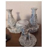 Ornate White Porcelain Cherub Candelabra Set