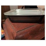 MCM Pyrex Black and Gold covered dish