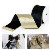 Black Velvet Wired Ribbon with Glitter Back 4 Inch Black and Gold Christmas Ribbon Wired Ribbon for Christmas Tree, Gift Wrapping, Mantel, Wreaths Supplies, Topper Bows (10 Yards) - Retail: $17