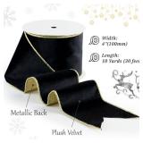 Black Velvet Wired Ribbon with Glitter Back 4 Inch Black and Gold Christmas Ribbon Wired Ribbon for Christmas Tree, Gift Wrapping, Mantel, Wreaths Supplies, Topper Bows (10 Yards) - Retail: $17