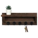 Wall Key Holder, Rustic Shelf with Hooks Made of Paulownia Wood Holds Keys, Dog Leash, Bags and More - 13.7 W x 4.7" H x 3.5" D Decorative Key Hanger and Entryway Shelf - Retail: $25"