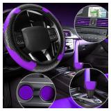 30 Pcs Car Accessories Set Purple and Black PU Leather Steering Wheel Cover Auto Interior Accessories Gift Car Vent Trim Strips Air Conditioner Insert Strips with Installation Tool - Retail: $18