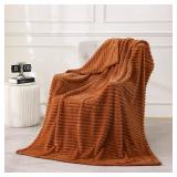 Burnt Orange Fleece Throw Blanket 50x60 for Couch Sofa Bed, Super Soft Cozy Plush Microfiber Flannel Blanket with Stripes Design Lightweight for Adults, Woman, Girls