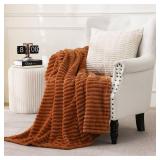 Burnt Orange Fleece Throw Blanket 50x60 for Couch Sofa Bed, Super Soft Cozy Plush Microfiber Flannel Blanket with Stripes Design Lightweight for Adults, Woman, Girls