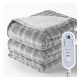 Heated Blanket Full Size, Electric Blanket 72x84" for Bed with 8 Fast Heating Levels & 10 Hours Auto Shut-Off, Grey Plaid Warm Soft Flannel Blanket Gift for Women Grandma Machine Washable - Retail: $3