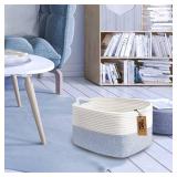 Cotton Rope Woven Basket with Handles for Shelfï¼Toy, Book, Cloth Storage Basket for Organizing-13.5X11"X9.5" Storage Bin for Living Room, Newborn or Infant Gift for boy girl ï¼White/blueï¼�