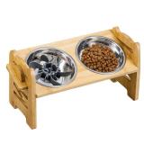 Elevated Dog Bowls, Adjustable Raised Dog Bowl Stand with 2 Stainless Steel Dishes and 1 Slow Feeder Bowl, Durable Bamboo Dogs Feeding Station for Small Medium Dogs/Cats