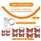 24 Pcs 5ft Halloween Marigold Garland for Decoration with LED Light and Butterfly Artificial Marigold Flowers Indian Faux Garlands for Day of The Dead Diwali Wedding Party Decoration (Light Orange)