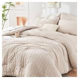 HYMOKEGE Beige Queen Comforter Set Seersucker 7 Pieces, All Season Luxury Bed in a Bag for Bedroom, Bedding Set with Comforters, Sheets, Pillowcases & Shams