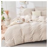 HYMOKEGE Beige Queen Comforter Set Seersucker 7 Pieces, All Season Luxury Bed in a Bag for Bedroom, Bedding Set with Comforters, Sheets, Pillowcases & Shams