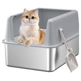 Stainless Steel Cat Litter Box with Lid,XL,19.7 L x 13.8 W x 11.8 H Deep,Large Metal Litter Box with High Side,for Small and Large Cats,Anti-Leakage Non-Sticky Easy Cleaning Include Litter Scoop