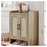 Mericonia Shoe Cabinet Storage for Entryway, Natural Rattan Shoe Storage Cabinet, Wooden Shoe Rack Cabinet, Farmhouse Boho Wood Shoe Organizer Cabinet for Hallway