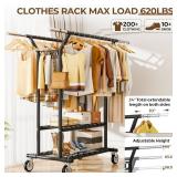 Heavy Duty Clothes Rack, Rolling Clothing Rack With Shelves Load 620 LBS, Double Rod Clothing Racks for Hanging Clothes, Portable& Adjustable Clothes Rack with Wheels,Black