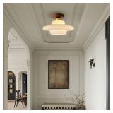 Retails for $114! White Glass Semi Flush Mount Ceiling Light Schoolhouse Ceiling Light Fixture Brushed Brass Finished Mid-Century Modern Ceiling Lamp for Bedroom Dinning Room Foyer Hallway