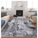 Rugcomf 8x10 Area Rug Washable Boho Rug Soft Non-Slip Non-Shedding Faux Wool Vintage Rug for Living Room, Farmhouse, Dining Room, Indoor, Kids Playroom, Grey and Black