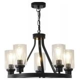 Retails for $160! Farmhouse Chandelier Lighting Round 5 Lights Black with Glass Shade Ceiling Hanging Vintage Rustic Light Fixture for Dining Room Living Room Foyer Porch Kitchen Island