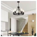 Retails for $160! Farmhouse Chandelier Lighting Round 5 Lights Black with Glass Shade Ceiling Hanging Vintage Rustic Light Fixture for Dining Room Living Room Foyer Porch Kitchen Island