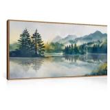 HPNIUB Large Green Mountain Framed Canvas Wall Art Set, Nature Foggy Forest Lake Reflection Wall Decor,Modern Pine Tree Artwork,Watercolor Landscape Art Print for Living Room,Bedroom,Office-20 x40